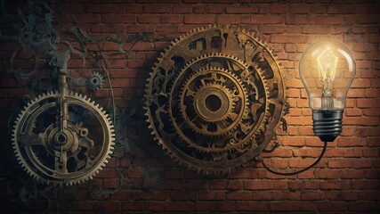 Naklejka premium Vintage light bulb illuminates against brick wall, connected to intricate network of interlocking metal gears. This suggests concept of idea, innovation being powered by machinery.