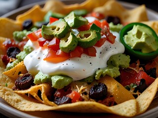 Hot and cheesy nachos with jalapenos, sour cream, and guacamole, perfect for sharing, generative AI