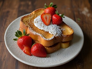 Plate of French toast dusted with powdered sugar and topped with fresh strawberries , generative AI