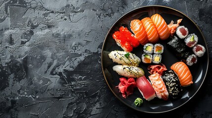 various type of sushi on a plate with copy space