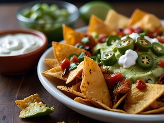Hot and cheesy nachos with jalapenos, sour cream, and guacamole, perfect for sharing, generative AI