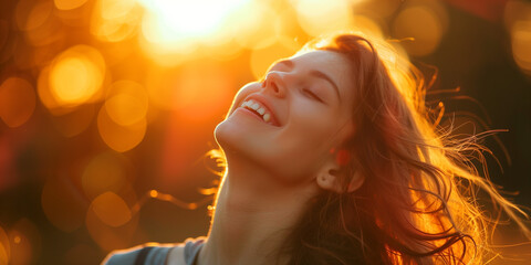 A woman with long hair is smiling and looking up at the sun