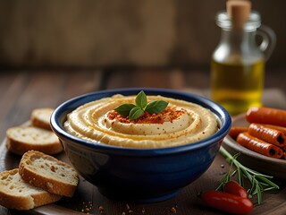 Smooth and creamy hummus in a bowl with a drizzle of olive oil and paprika, Mediterranean, generative AI