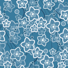 Seamless abstract floral retro flowers summer patterm blue white background