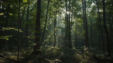 Obraz premium tranquil forest with sunlight filtering through the trees