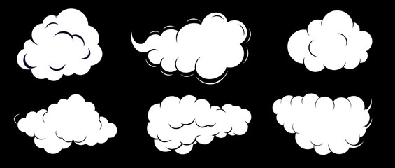 Simple collection of cartoon clouds. Abstract white clouds on a black background. vector illustration.