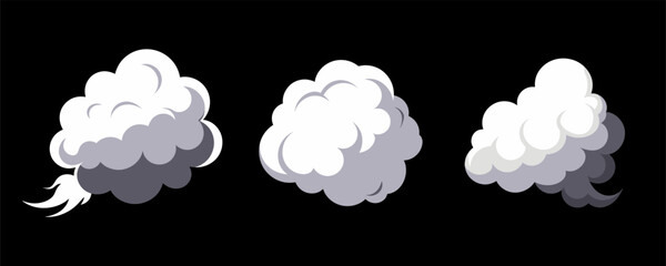 Simple collection of cartoon clouds. Abstract white clouds on a black background. vector illustration.