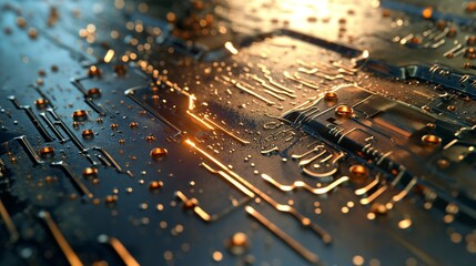 An illustration of a nanoscale etching process on a metal surface, showing the precise removal of material to create electronic circuits.