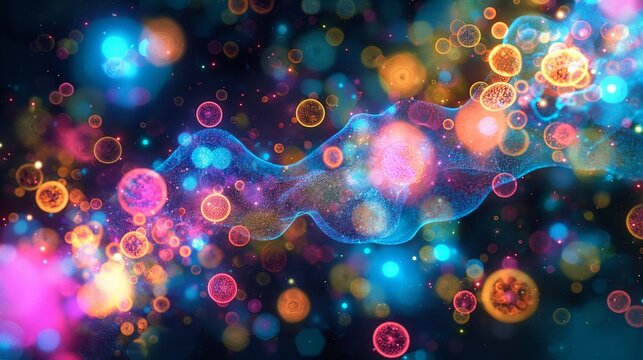 An illustration of quantum dots used in cellular imaging, highlighting their bright, multicolor luminescence under a microscope.