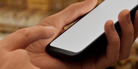 Hand holding a phone with a blank screen against a theater backdrop