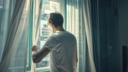 a image of a man looking out a window at a city
