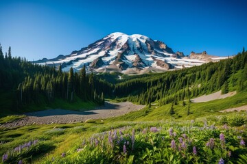 Fototapeta premium Noon at Mount Rainier with High Contrast Summer Landscape