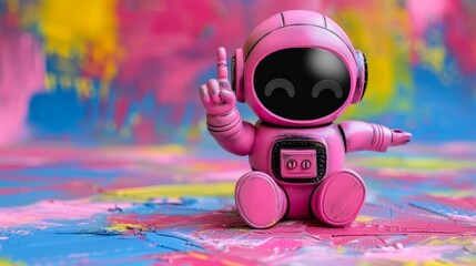 Smiling cute robot pointing at empty space, ideal for creative designs and concepts