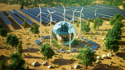 A conceptual view of a glass globe surrounded by a circle of renewable energy sources like miniature wind turbines and solar panels, set in a sunny, open field.