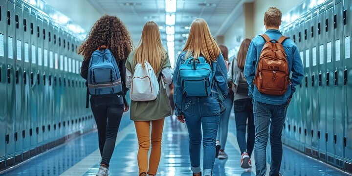 A group of students gathers in a school hallway for learning, using their phones and carrying books, in preparation for their academic journey.
