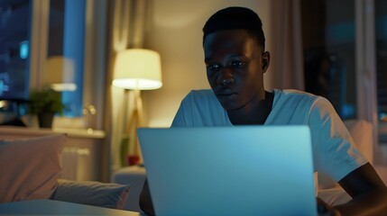 Dedicated young man using laptop learning through online tutorial at home