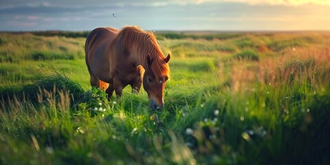 The Icelandic pony grazes on a rural pasture at a domestic farm in Iceland.