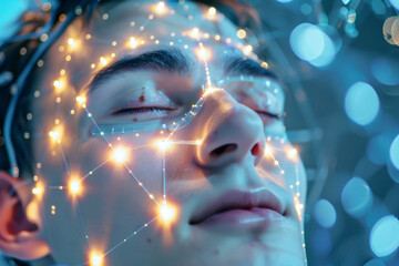 Close-up of a person with illuminated neural connections on their face.