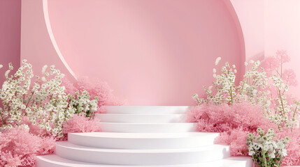 Very suitable for wedding and Valentine's background design materials with your creative ideas,3D podium for cosmetic products surrounded spring flower background
