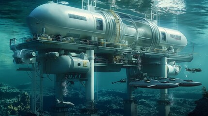 An underwater base station module for extended missions, featuring docking ports for submarines and drones, and life support systems for researchers.