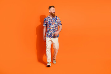 Full size photo of cheerful nice man with red beard wear stylish shirt look at proposition empty...