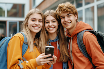 Fototapeta premium Group of friends in winter attire, smiling and taking a selfie outdoors.