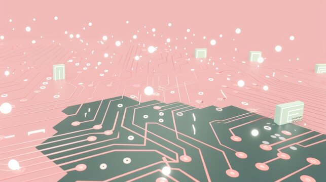 Printed circuit board futuristic server/Circuit board futuristic server code processing. Orange, green, blue technology background with bokeh. 3D Rendering. technology. Illustrations