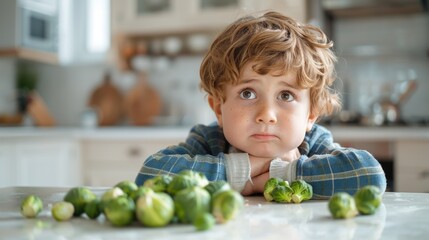 Fototapeta premium Little boy sitting at table with plate of food