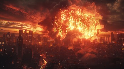 Massive fireball in urban destruction scene with intense flames and smoke