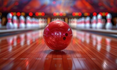 Red bowling ball on bowling alley