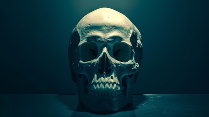 Human Skull on a Dark Background. Concept of anatomy, mortality, science, macabre art, Halloween