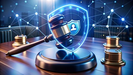 Fototapeta premium Gavel with Holographic Law Visuals: Futuristic Justice Concept, Holographic Law Symbols Surrounding a Gavel