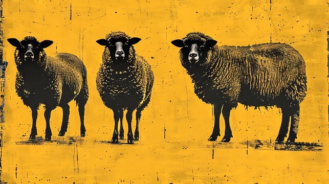 Three illustrated sheep with a textured background. Pastoral scene. Concept of nature, livestock, rural simplicity, rustic charm