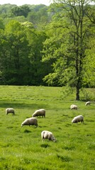Fototapeta premium Sheep grazing in a misty meadow surrounded by forested mountains. Flock of sheep in a serene, foggy landscape. Rural scene, nature, agriculture, pastoral tranquility concept. Vertical
