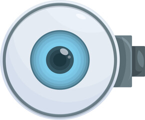 Detailed cartoon surveillance camera illustration in modern flat design with blue and white color scheme, mounted on a wall