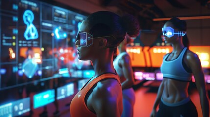 Wearable displays used in a fitness class, showing personalized workout metrics and motivational messages to users, set in a gym environment.