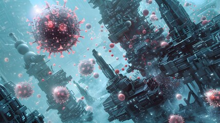Naklejka premium Immunosenescence visualized as weakened defenses within an industrial fortress, representing the age-related decline in immune function, while researchers engineer innovative vaccines and immunotherap