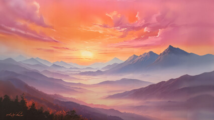 Fototapeta premium sunrise painting the sky with hues of orange and pink over misty mountains in the distance