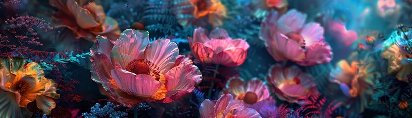 A captivating underwater view showcasing vibrant, colorful flowers in a dreamy, ethereal environment. Perfect for nature and ocean-themed projects.
