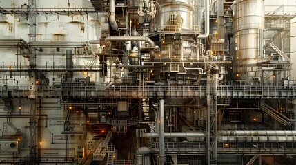 A large industrial building with many pipes and valves. The image has a futuristic feel to it. Scene is industrial and mechanical