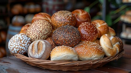 Assorted bread display in fabric basket on bakery counter for fresh bakery products