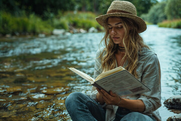 Young Woman Reading a Book by the River