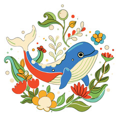 Naklejka premium Whimsical Ocean Friend Marine Life Illustrations Blue Whale
