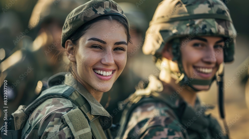 Sticker Smiling Young female adult soldier in a soldier's uniform together with other soldiers in a soldier's uniform on a mission. 