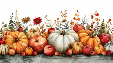 Develop an artwork highlighting nature's bounty during harvest time. Use bold shapes and warm colors to depict a variety of autumn produce like apples, pumpkins, and squash, arranged in a simple,
