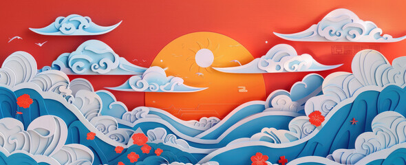 Chinese style papercut art of auspicious clouds and the sun rising over mountains and sea, with a red and blue color scheme