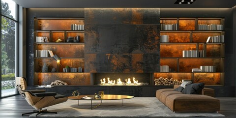 Art deco interior design of modern living room, home with fireplace and bookcases.