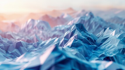 Abstract polygonal mountain landscape with cool blue tones and warm light background, capturing a futuristic and artistic atmosphere.