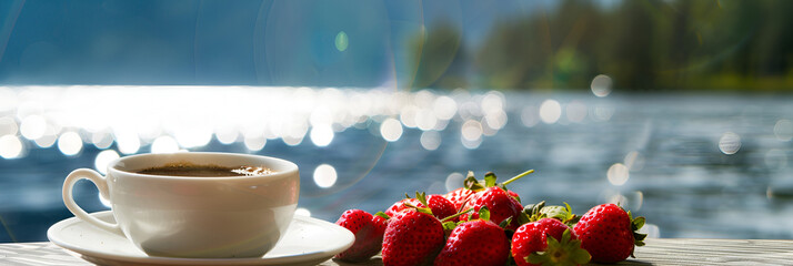 Cup of coffee and strawberries on the background,
A cup of coffee and a basket of berries on a table at sunset
