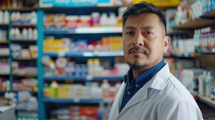 Pharmacy, convenience store attendant posing looking at the camera. 